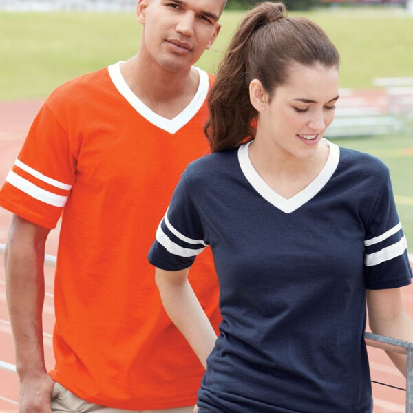 V-Neck Jersey with Striped Sleeves Thumbnail